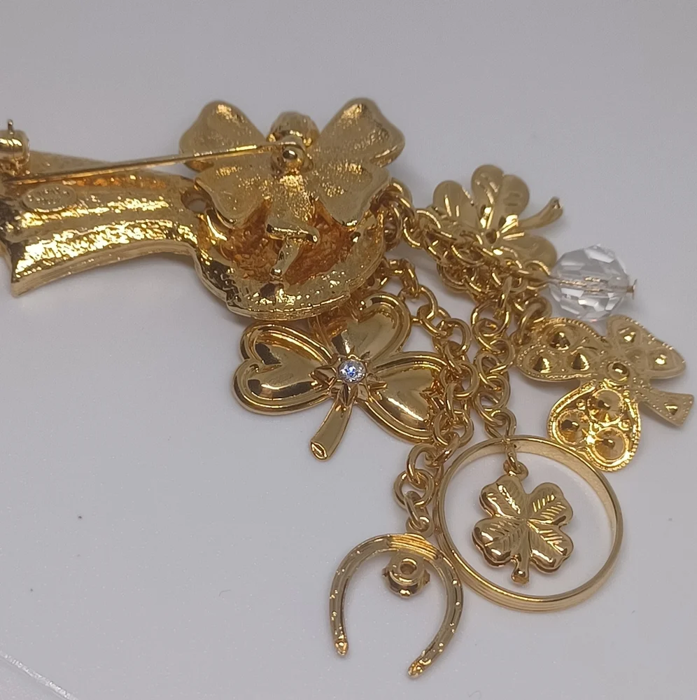Vintage Kirks Folly Rainbow Clover Lucky Pot Of Gold Dangle Rhinestone Brooch